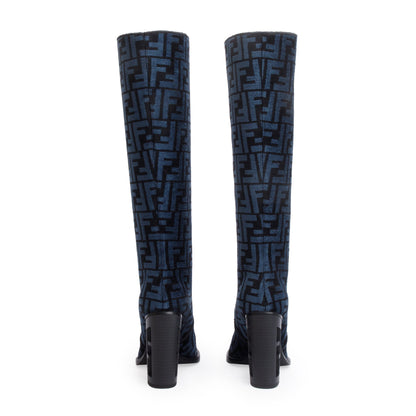 Fendi Blue Chenille Jacquard FF Cut 110 Baguette Knee High Boots, Size 36