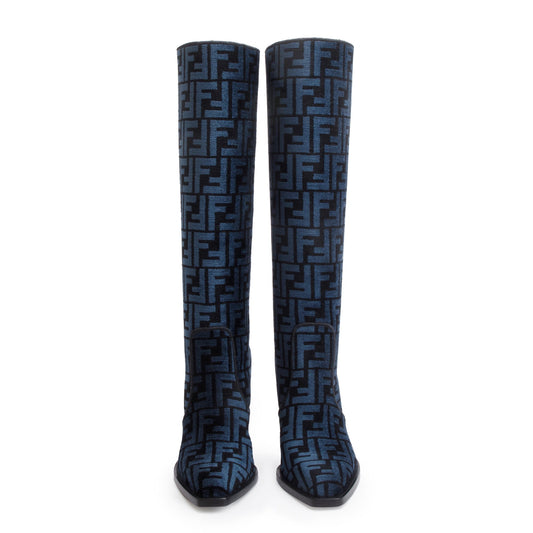 Fendi Blue Chenille Jacquard FF Cut 110 Baguette Knee High Boots, Size 36