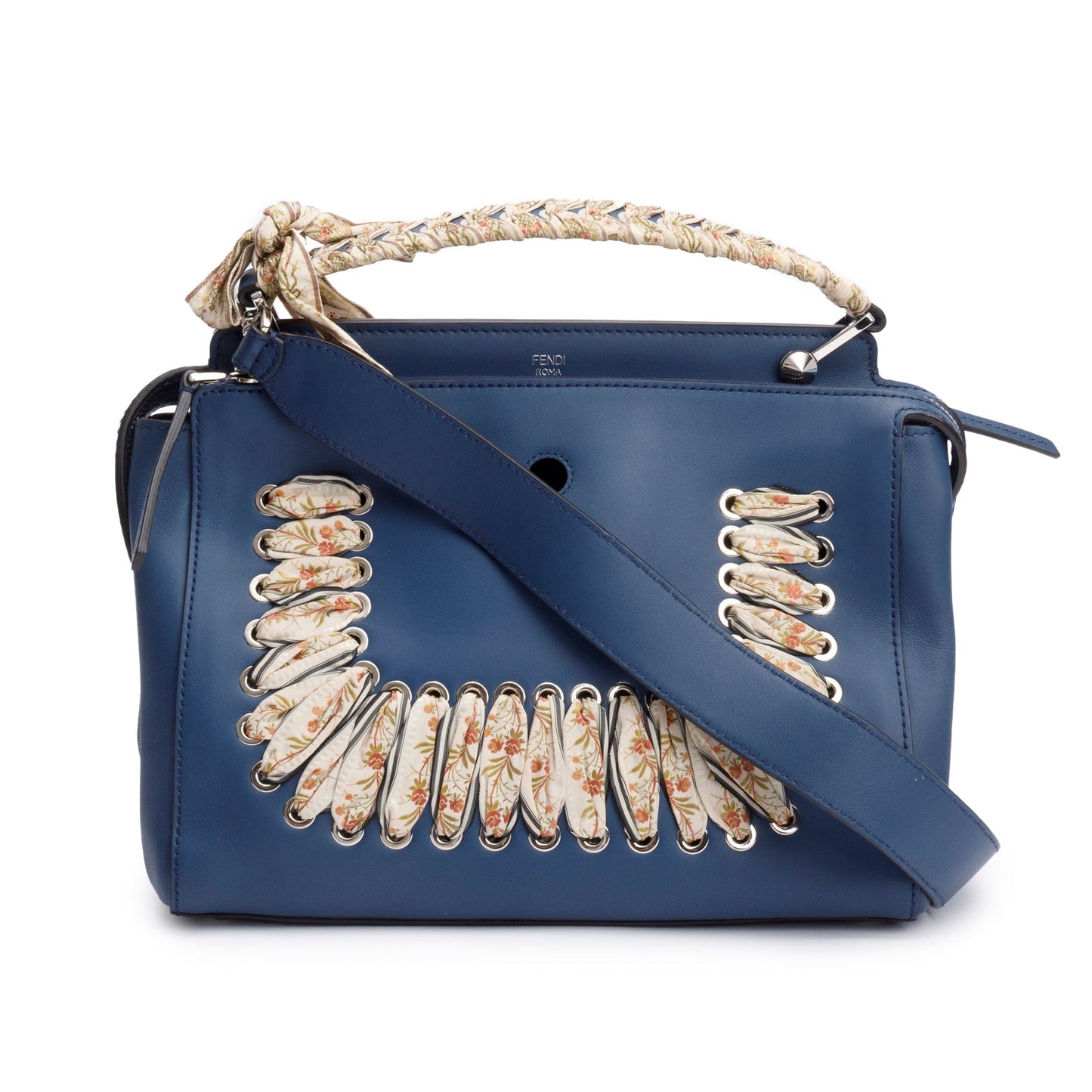 Fendi Blue Vitello Leather Baltico Ribbon Lace Up DotCom Satchel