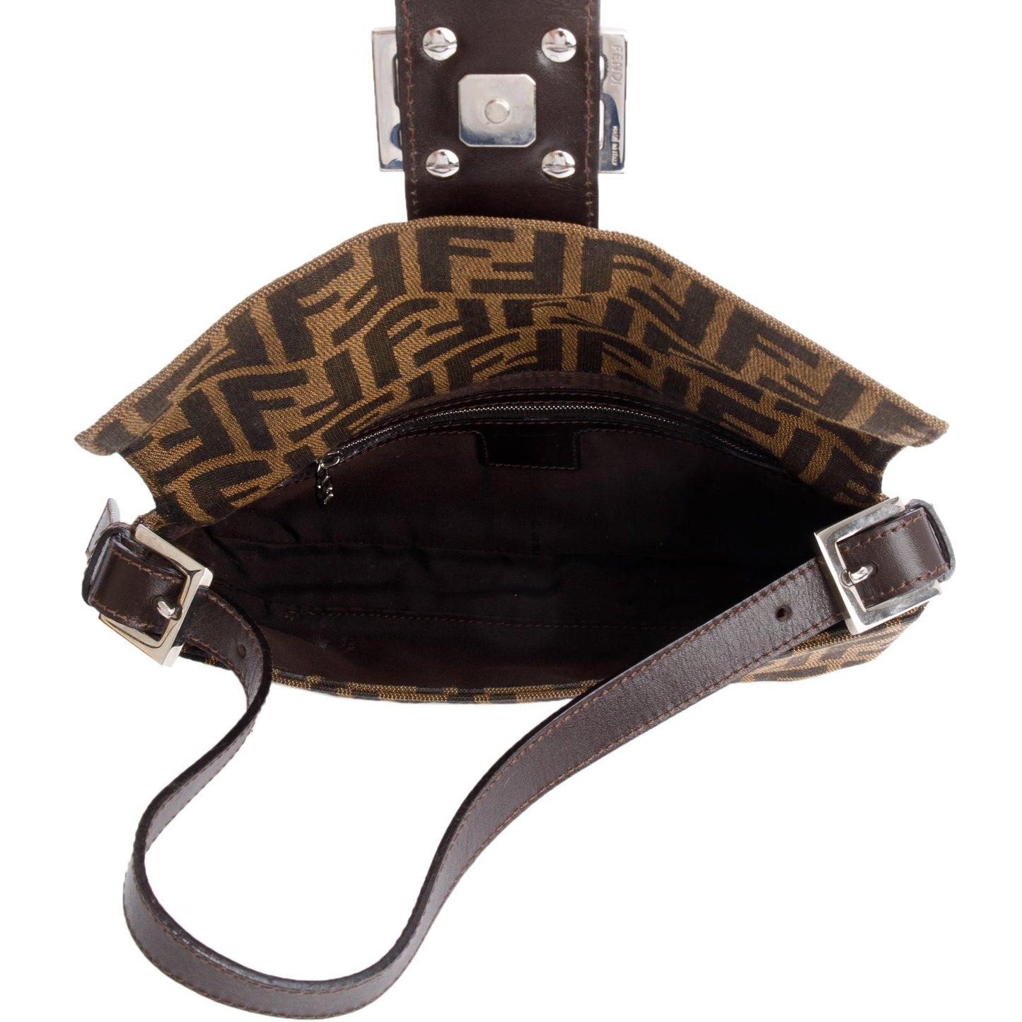 Fendi Brown FF Zucca Canvas Brown Leather Trim Baguette Shoulder Bag