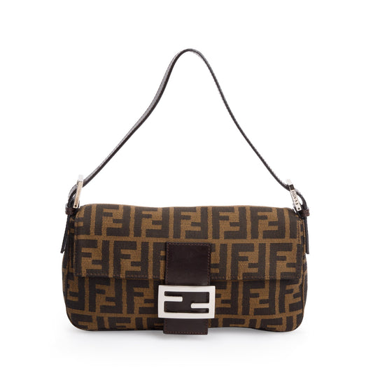Fendi Brown FF Zucca Canvas Brown Leather Trim Baguette Shoulder Bag