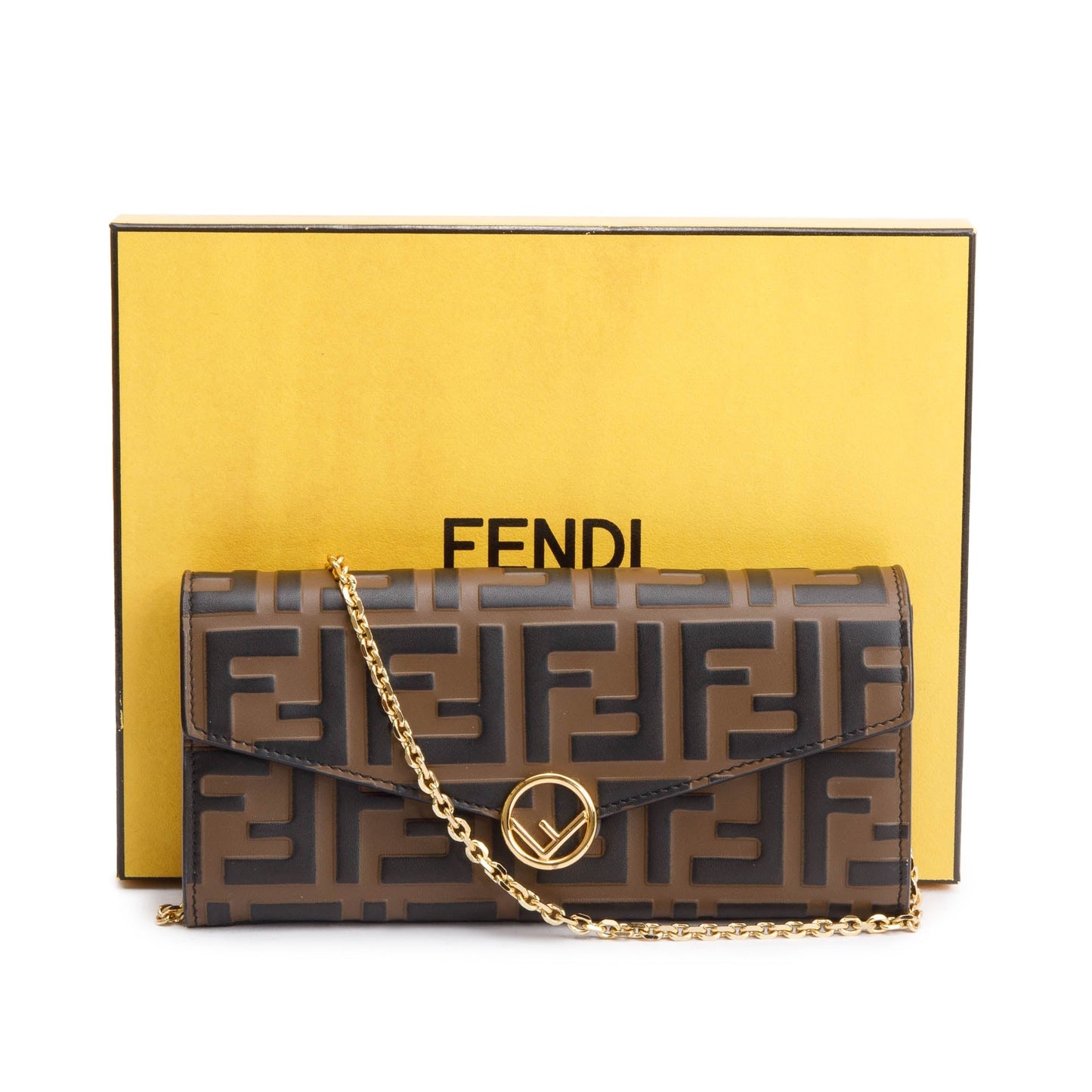 Fendi Brown FF Zucca Embossed Leather Continental Wallet on Chain