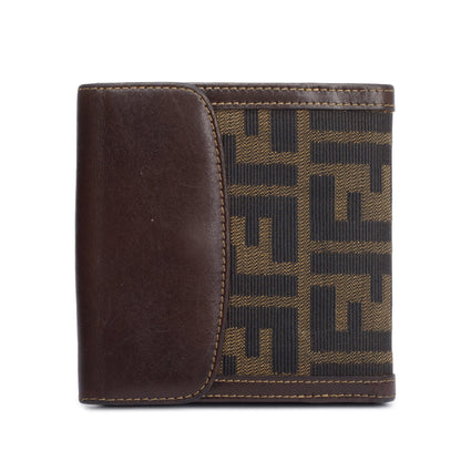Fendi Brown Leather FF Logo Zucca Canvas Compact Wallet