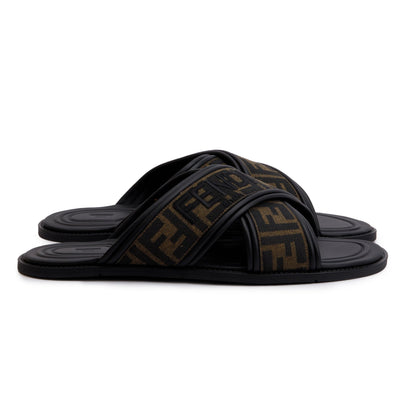 Fendi Brown Zucca FF Logo Canvas Slides, Size 11
