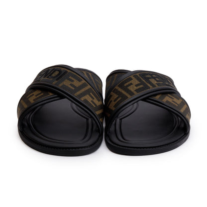 Fendi Brown Zucca FF Logo Canvas Slides, Size 11