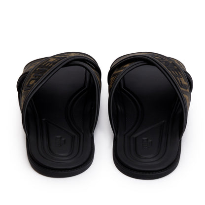 Fendi Brown Zucca FF Logo Canvas Slides, Size 11