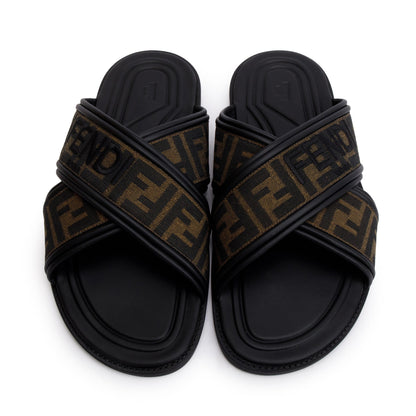 Fendi Brown Zucca FF Logo Canvas Slides, Size 11