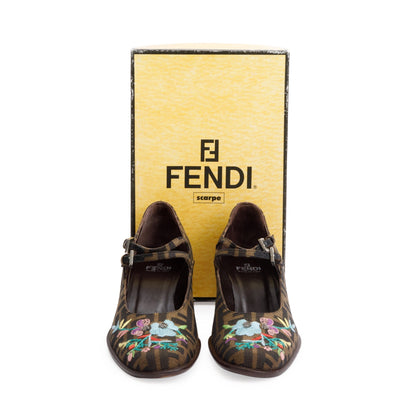 Fendi Embroidered FF Zucca Canvas Mary Jane Pumps, Size 10