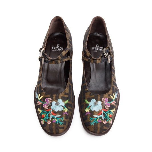 Fendi Embroidered FF Zucca Canvas Mary Jane Pumps, Size 10