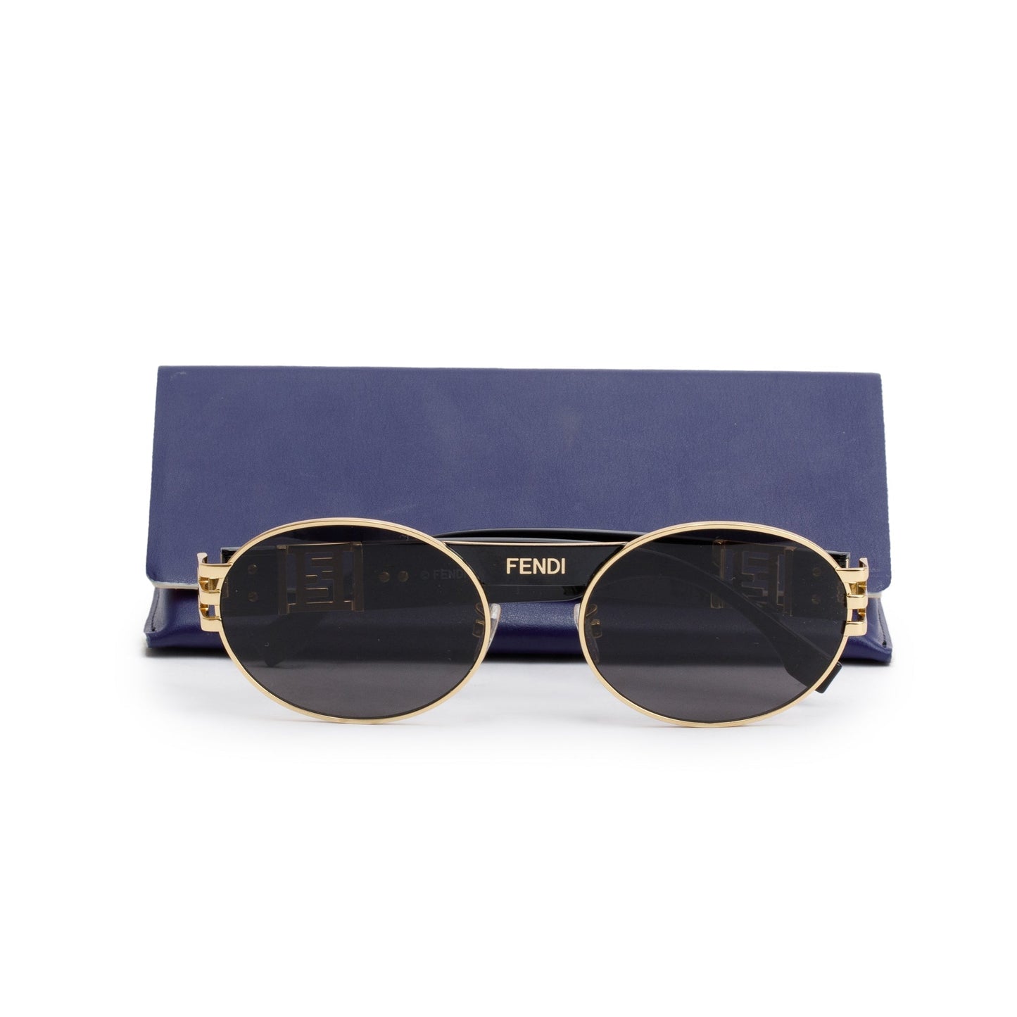 Fendi FE40052U Gold-Tone Metal Black Acetate Zucca FF Logo Round Sunglasses