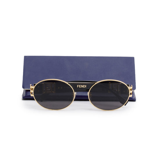 Fendi FE40052U Gold-Tone Metal Black Acetate Zucca FF Logo Round Sunglasses