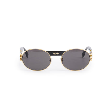 Fendi FE40052U Gold-Tone Metal Black Acetate Zucca FF Logo Round Sunglasses