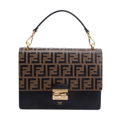 Fendi FF Embossed & Black Calfskin Leather Kan I Shoulder Bag