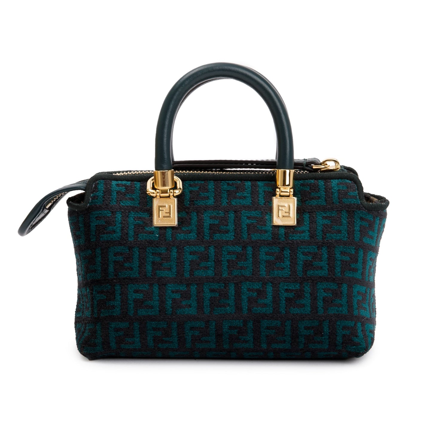 Fendi Green FF Motif Tapestry Fabric By the Way Mini Boston Bag