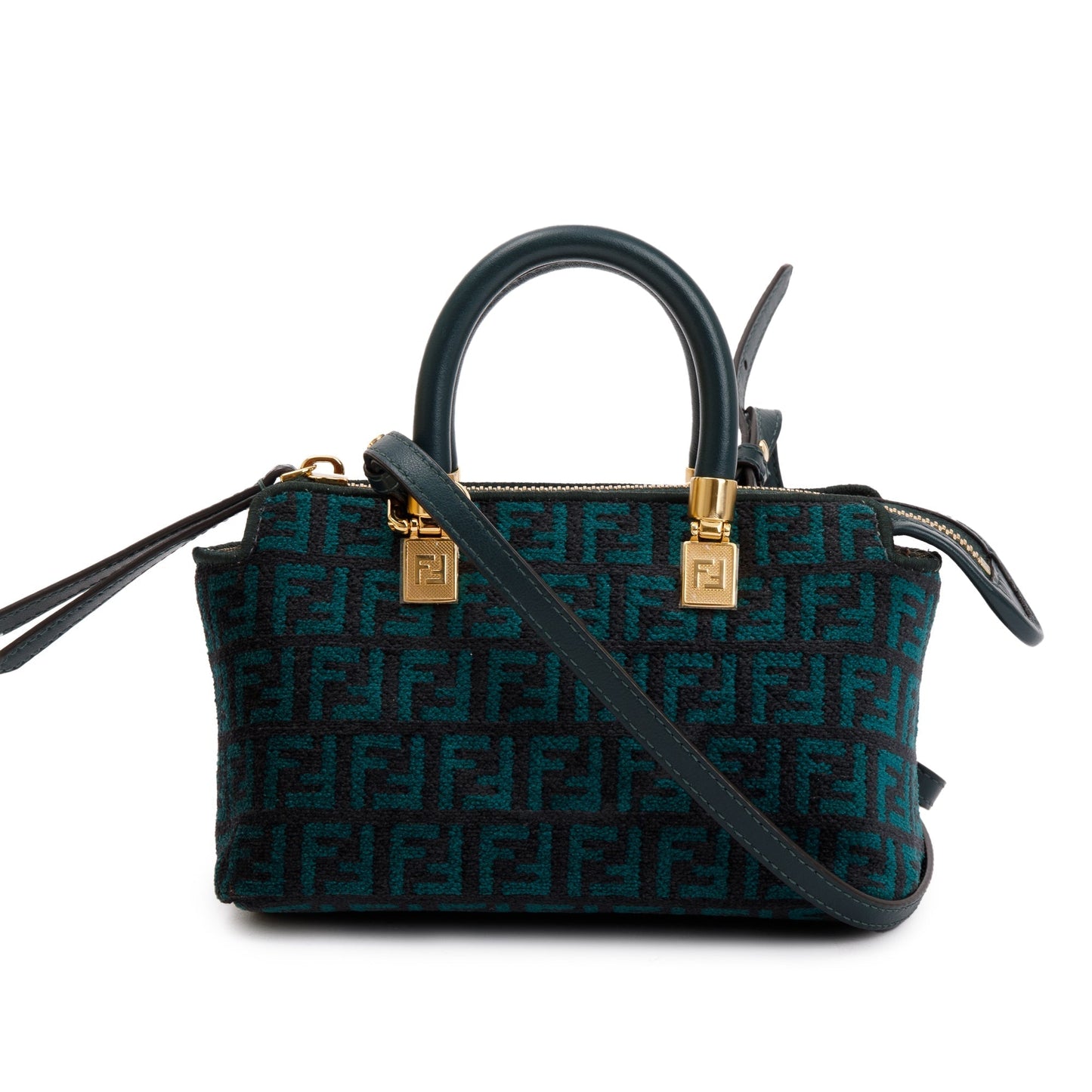 Fendi Green FF Motif Tapestry Fabric By the Way Mini Boston Bag