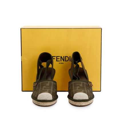 Fendi Green FF Zucca Logo Canvas Lace Up Espadrille, Size 38