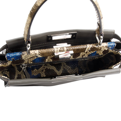 Fendi Grey Calfskin Leather Python Trim Medium Peekaboo Bag