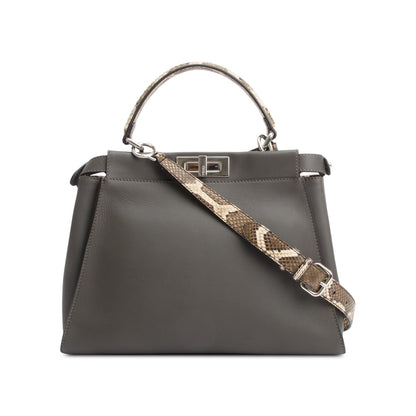 Fendi Grey Calfskin Leather Python Trim Medium Peekaboo Bag
