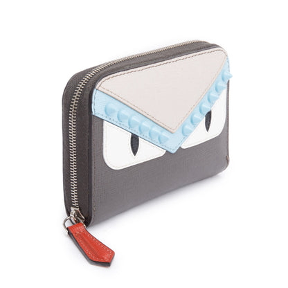 Fendi Grey & Multicolor Vitello Elite Leather Monster Eye Compact  Zipped Wallet