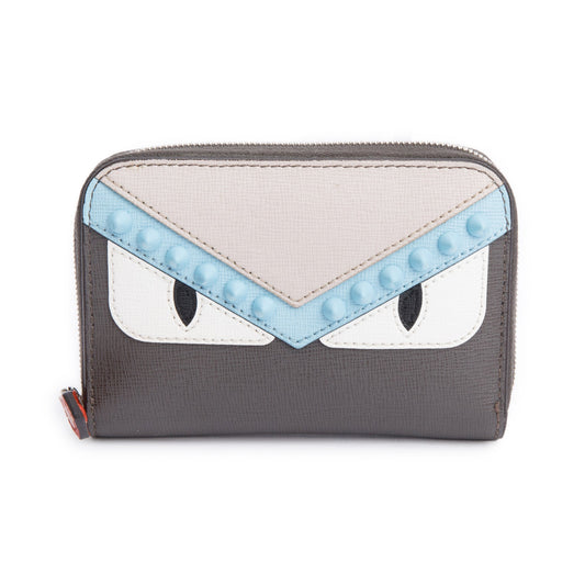 Fendi Grey & Multicolor Vitello Elite Leather Monster Eye Compact  Zipped Wallet