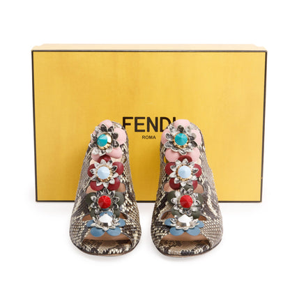 Fendi Grey Python Flowerland Embellished Heeled Slide Sandals, Size 35