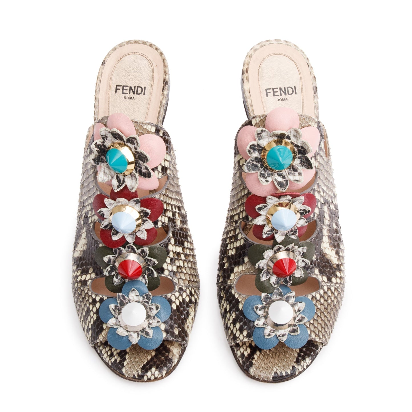 Fendi Grey Python Flowerland Embellished Heeled Slide Sandals, Size 35