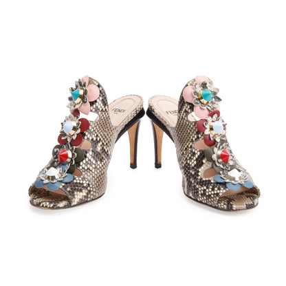 Fendi Grey Python Flowerland Embellished Heeled Slide Sandals, Size 35