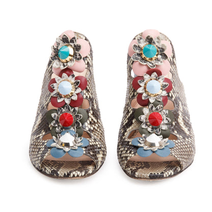 Fendi Grey Python Flowerland Embellished Heeled Slide Sandals, Size 35