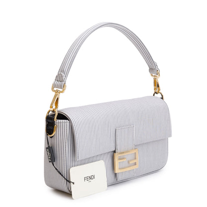Fendi Grey/White Striped Cotton Cuoio Betagna Baguette Grigio Shoulder Bag