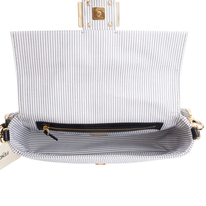 Fendi Grey/White Striped Cotton Cuoio Betagna Baguette Grigio Shoulder Bag