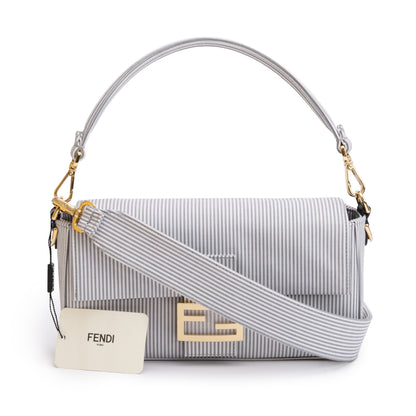 Fendi Grey/White Striped Cotton Cuoio Betagna Baguette Grigio Shoulder Bag
