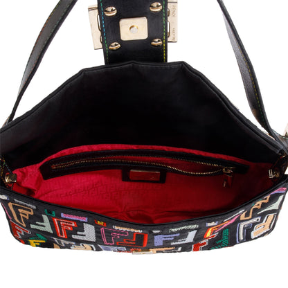 Fendi Multicolor Embroidered FF Zucca Satin Black Leather Trim Baguette Bag
