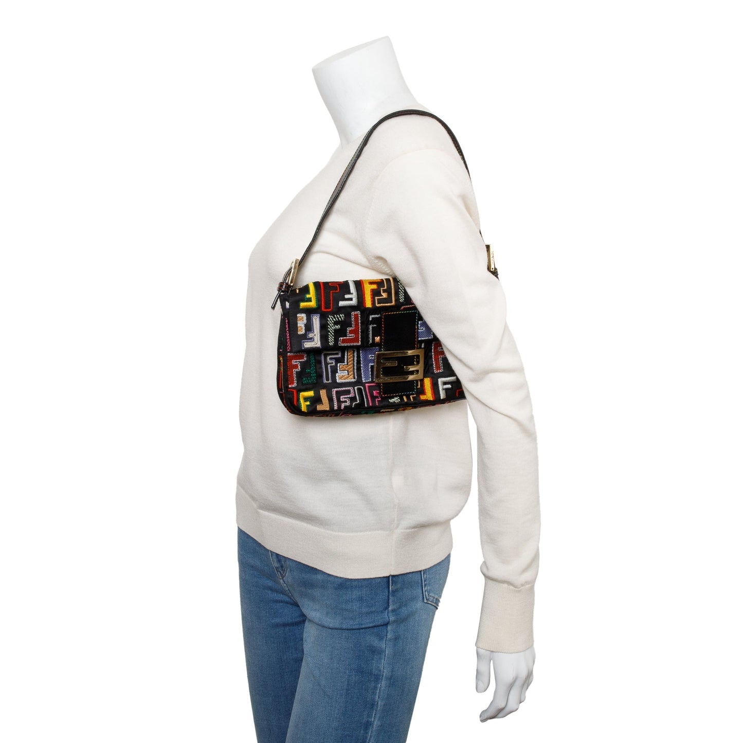 Fendi Multicolor Embroidered FF Zucca Satin Black Leather Trim Baguette Bag