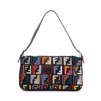 Fendi Multicolor Embroidered FF Zucca Satin Black Leather Trim Baguette Bag