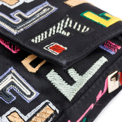 Fendi Multicolor Embroidered FF Zucca Satin Black Leather Trim Baguette Bag