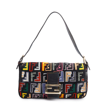 Fendi Multicolor Embroidered FF Zucca Satin Black Leather Trim Baguette Bag