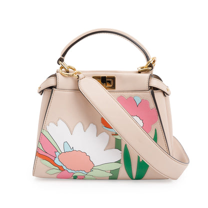 Fendi Neutral Calfskin Leather Floral Inlay Mini Peekaboo Bag