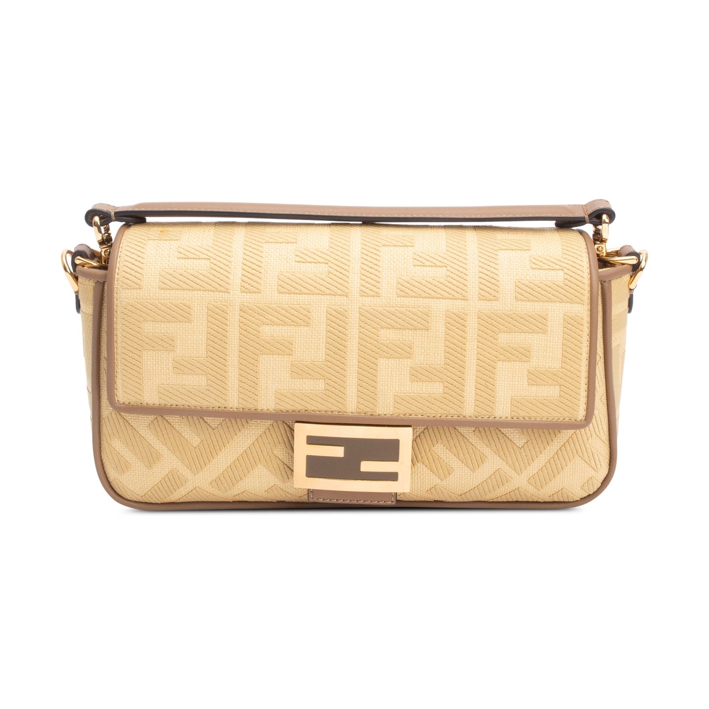 Fendi Neutral FF Raffia Baguette Shoulder Bag