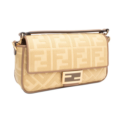 Fendi Neutral FF Raffia Baguette Shoulder Bag