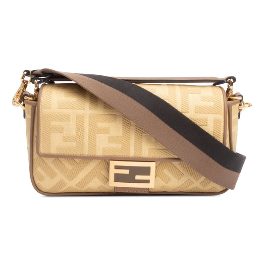 Fendi Neutral FF Raffia Baguette Shoulder Bag