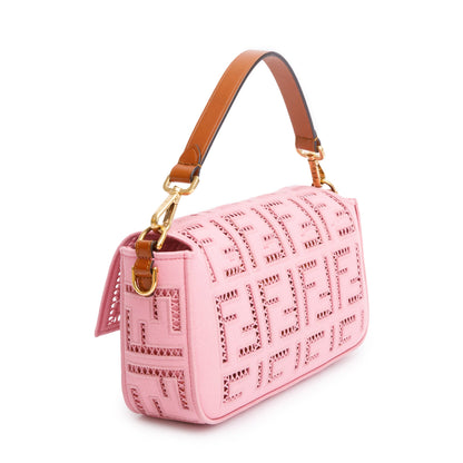 Fendi Pink FF Openwork Embroidered Canvas Medium Baguette Shoulder Bag