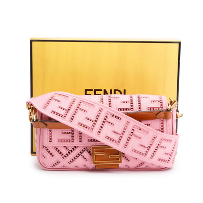 Fendi Pink FF Openwork Embroidered Canvas Medium Baguette Shoulder Bag