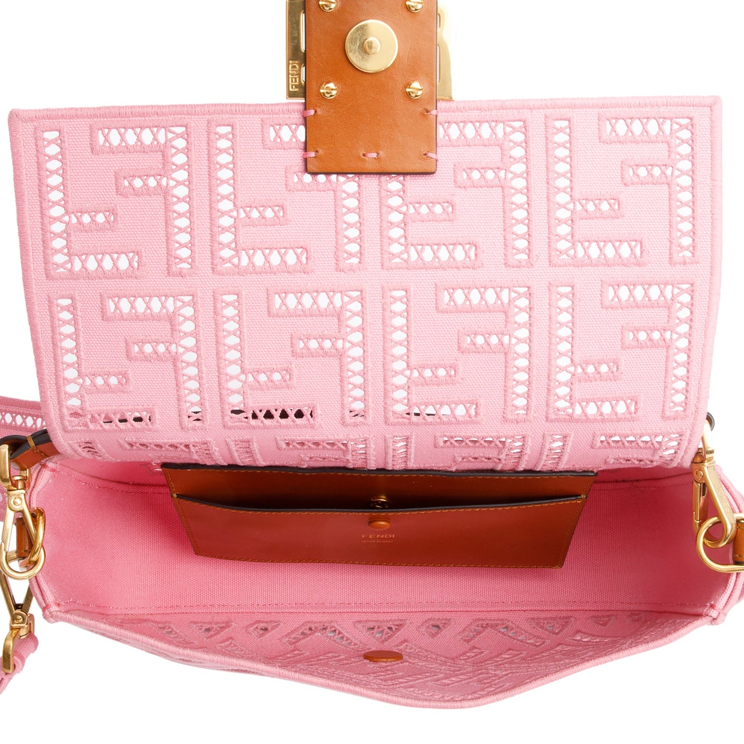 Fendi Pink FF Openwork Embroidered Canvas Medium Baguette Shoulder Bag