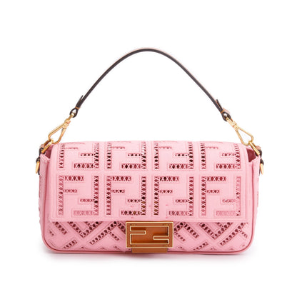 Fendi Pink FF Openwork Embroidered Canvas Medium Baguette Shoulder Bag