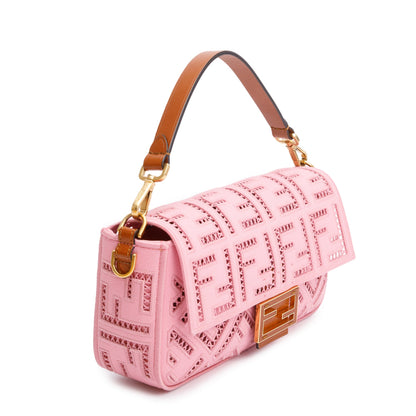 Fendi Pink FF Openwork Embroidered Canvas Medium Baguette Shoulder Bag