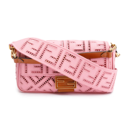 Fendi Pink FF Openwork Embroidered Canvas Medium Baguette Shoulder Bag