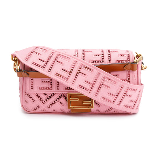Fendi Pink FF Openwork Embroidered Canvas Medium Baguette Shoulder Bag