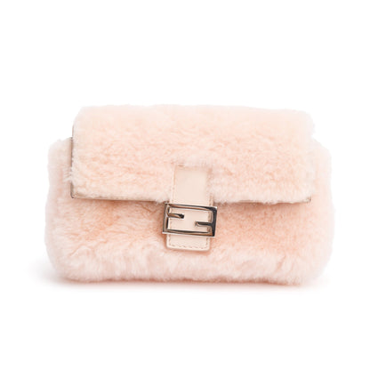 Fendi Pink Shearling Micro Baguette Crossbody Bag