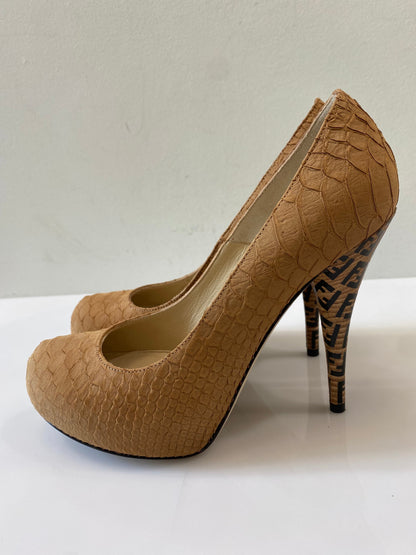 FENDI PYTHON EMBOSSED LEATHER FF LOGO HEEL PLATFORM PUMPS