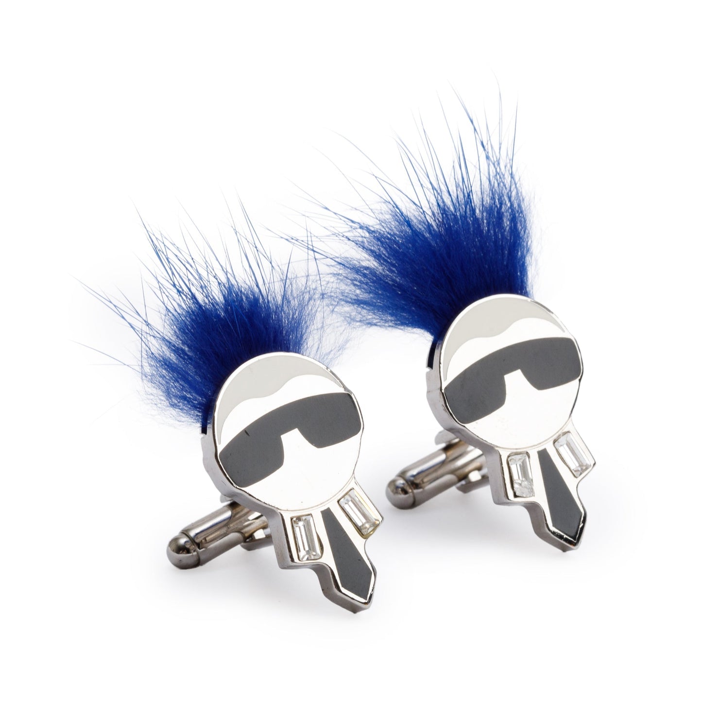 Fendi Silver Metal Blue Fox Fur Karlito Cufflinks